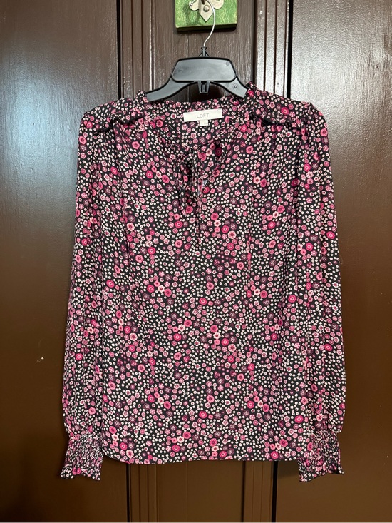 LOFT Tops - LOFT Black Pink Floral Tie-Neck Blouse